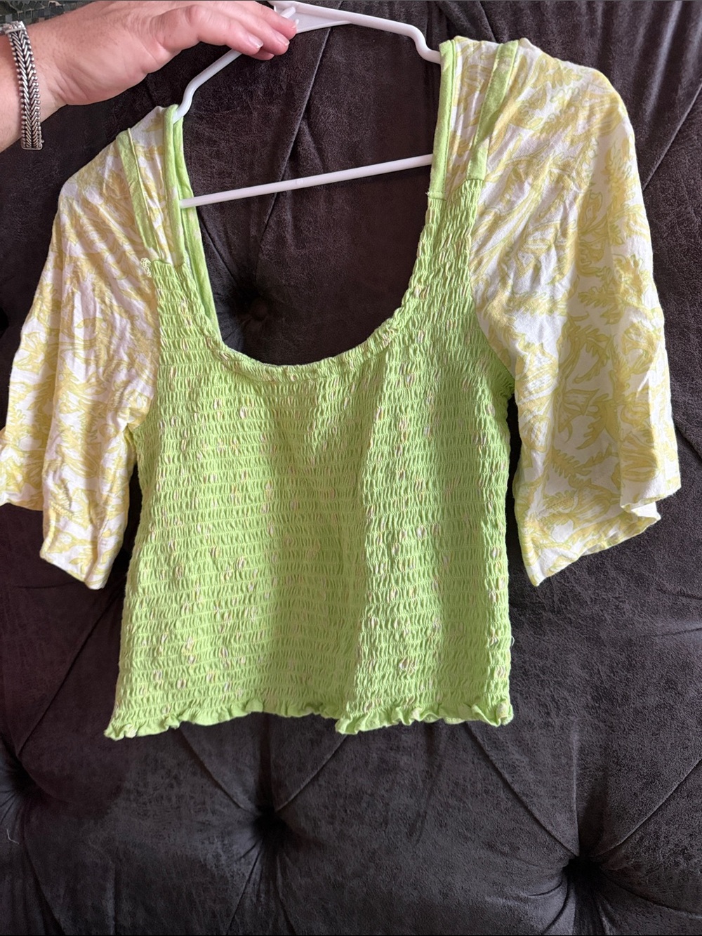 Free People Lime Green Smocked Crop Top with Printed Puff Sleeves
